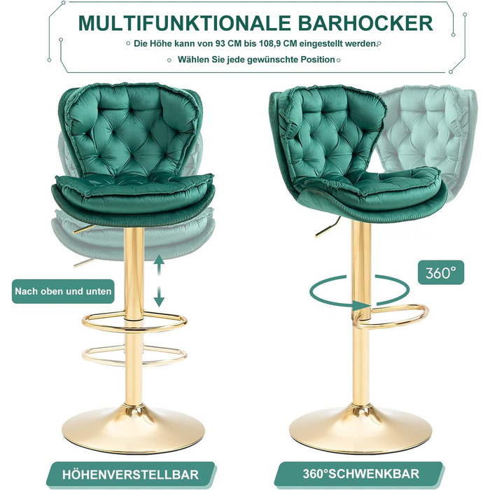 Emerald Velvet Bar Stools - Set of 2 | Adjustable Swivel Barstools for Kitchen & Home Bar