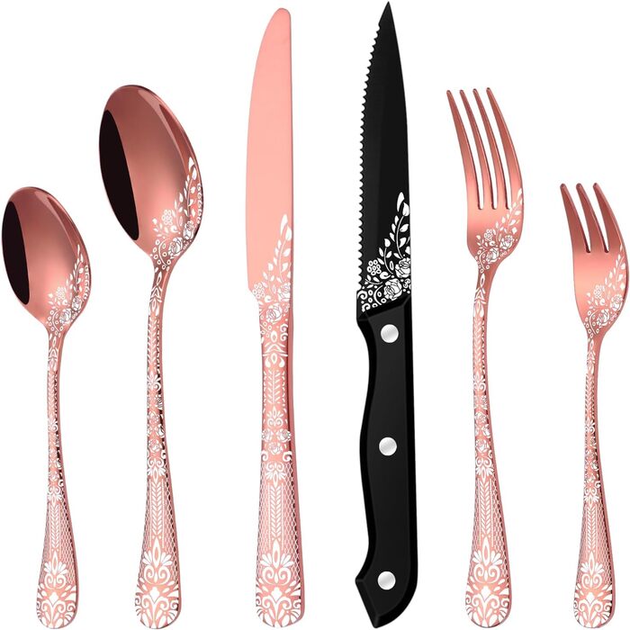 Набір столових приборів на 6 осіб HONKKU з нержавіючої сталі, з ножами для стейку, миючий посуду, 36 предметів, рожеве золото, з квітковим візерунком