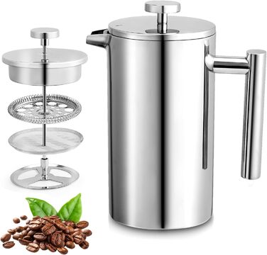 Френч-прес Cafeti, 8 чашок, нержавіюча сталь, подвійні стінки, термоізоляція, портативний, для дому, офісу, кемпінгу, 1000 мл