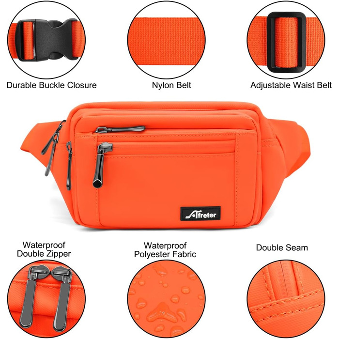 Чоловіча та жіноча поясна сумка-бананка з дощовиком, велика, з нейлону, 5 відділень на блискавці, для подорожей, спорту, прогулянок з собакою (Оранжева)
