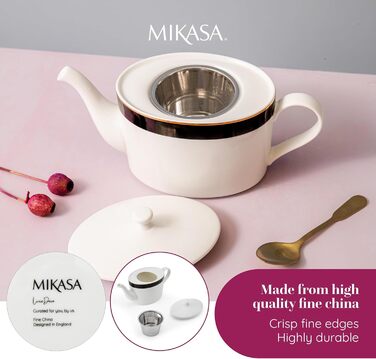Mikasa Luxe Deco Porcelain Teapot, large 4-cup teapot with filter, 1.1L, Art Deco print and genuine gold accents, dishwasher safe