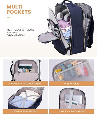 Рюкзак LOVEVOOK для ручної поклажі літака, туристичний рюкзак для жінок та чоловіків, 40L, водонепроникний, відділення для ноутбука 17 дюймів, для подорожей, школи, роботи, кемпінгу (17.3 дюйми, темно-синій + бежевий + чорна шкіра)