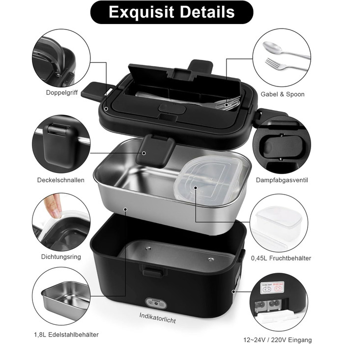 AUTOPkio Electric Lunch Box 1.8L 80W, 12V 24V 220V Large Heated Food Warmer with Bag, Stainless Steel Fork, Spoon for Car, Truck, Office (Black)