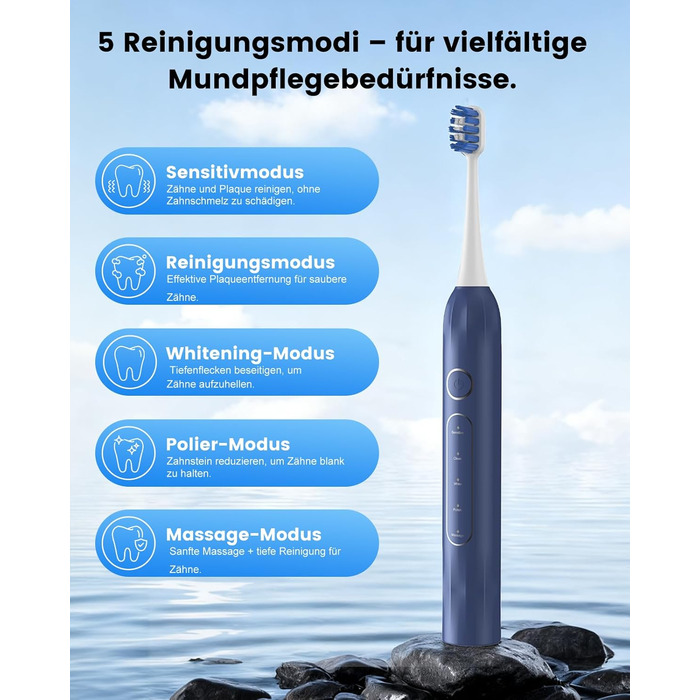 Електрична зубна щітка зі звуковою технологією, 5 режимів, таймер 30s, відбілює зуби за 2 тижні, 8 змінних насадок, IPX7, блакитна