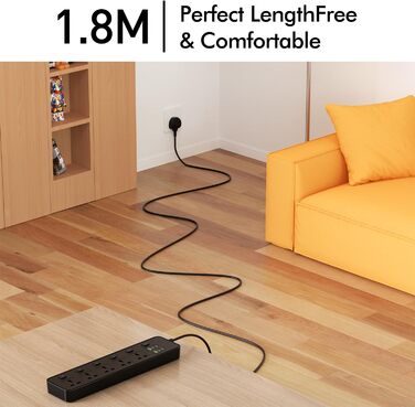 Мережевий фільтр Steckdose Universal з індивідуальними вимикачами, 5 розеток, 3250W, кабель 1.8м, 4 x USB-C 20W та 2 x USB-A, мережева стрічка