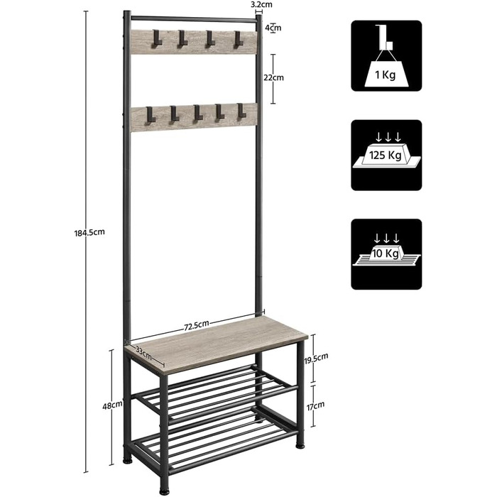 Yaheetech Clothes Rack Wardrobe Clothes Rack with 3 Shelves, Shoe Shelves, Wardrobe Hooks, Height 184.5cm, Width 72.5cm, Depth 33cm, for Bedroom/Dressing Room/Living Room/Storage Room Grey