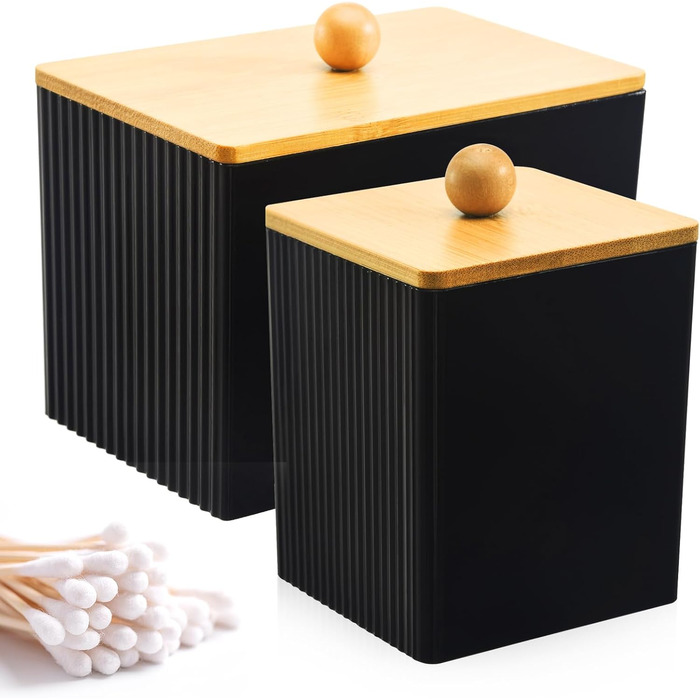 Диспенсер для ватних дисків та паличок з бамбуковим кришкою, органайзер для ватних виробів, чорний, для ванної кімнати