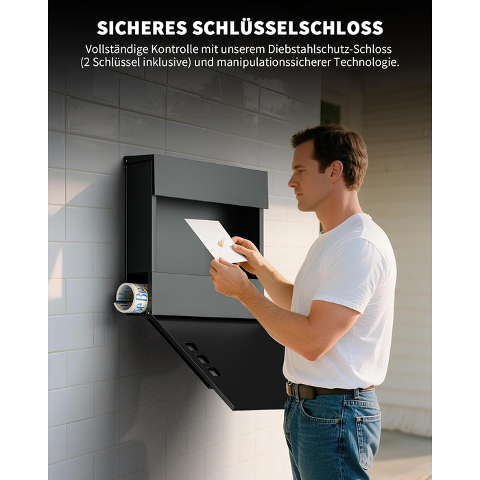 Поштовий ящик антрацит з гравіюванням, персоналізований, 2-в-1, нержавіюча сталь, з табличкою для імені та номера будинку, газетний відсік, подвійний (L)