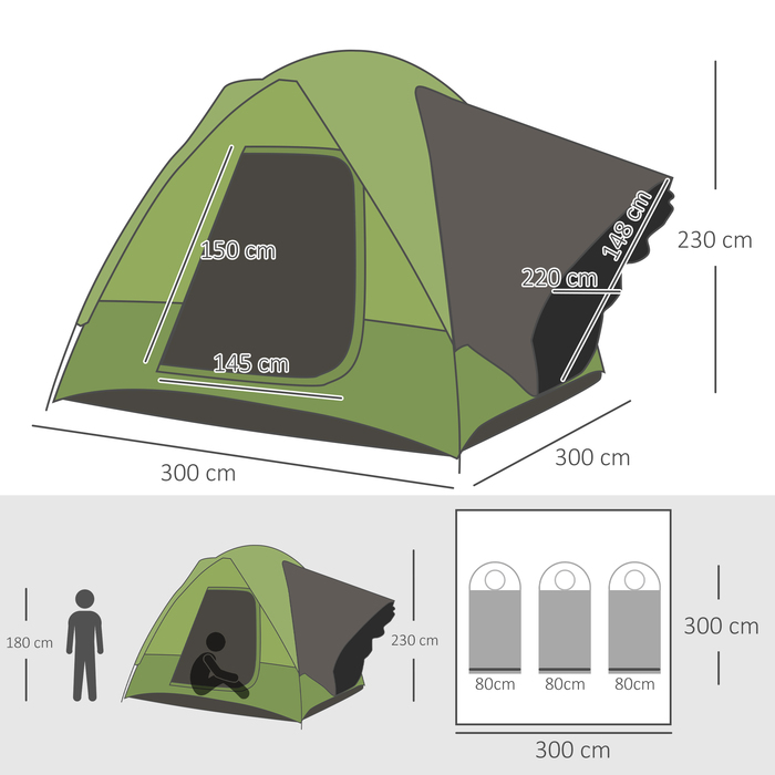 Намет Outsunny для кемпінгу/автонамет на 4-5 осіб, розміром 300 x 300 x 230 см, з використанням скловолокна та поліестеру, зелений колір, ідеально підходить для активного відпочинку на природі.