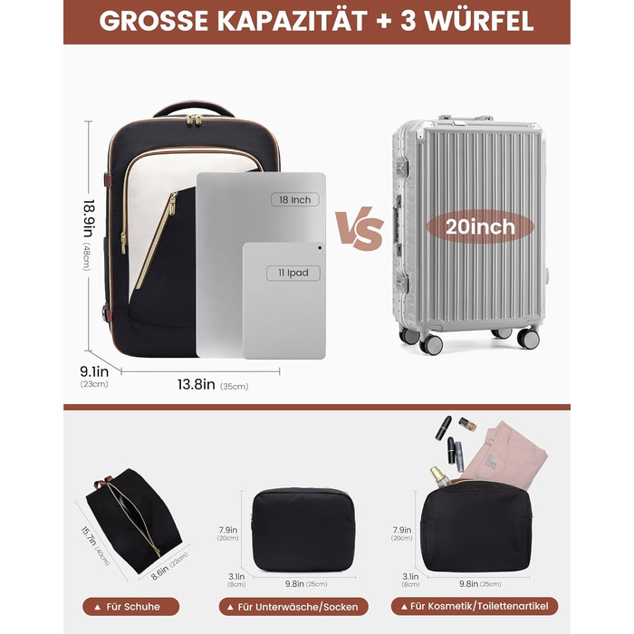 Рюкзак LOVEVOOK для подорожей: ручна поклажа, рюкзак для ноутбука, дамський рюкзак для роботи та бізнесу (18 дюймів, Бежевий, Чорний, Коричневий)