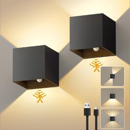 Настінне LED-світильник на акумуляторі NIBSHOOM з датчиком руху, 2 шт. - чорний, регульований, USB-зарядка, диммування