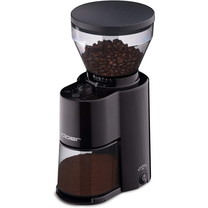Електрична кавомолка Cloer 7520 з конічним жорнами з нержавіючої сталі, 2-12 чашок, 300 г кавових зерен, 150 Вт, регульований ступінь помелу, чорний