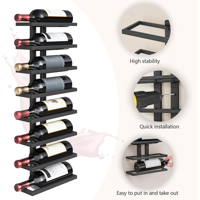 Настінна вітрина для вина FAVOOOSTY з 8 полицями, металева, чорна. Підійде для вітальні, спальні, винного підвалу. 1 комплект