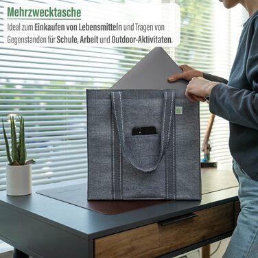 VENO 34 Liter Large Shopping Bag Foldable with Sturdy Bottom and Front Pocket, Reusable Shopping Bags Water-Resistant Tote Bag Shopping Basket for Shopping, Picnic (Gray, 4-Pack)