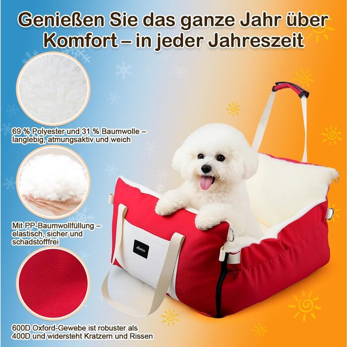 Автокрісло для собак 3-в-1 – переносна лежанка для маленьких собак, з м'яким матрацом, для переднього або заднього сидіння, внутрішнє та зовнішнє використання (червоний)