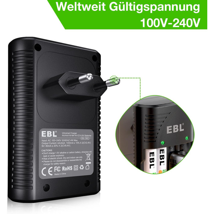 Зарядний пристрій для акумуляторів EBL AA AAA 9V NIMH з 4 відсіками, Smart Plug, LED-дисплей, швидка зарядка