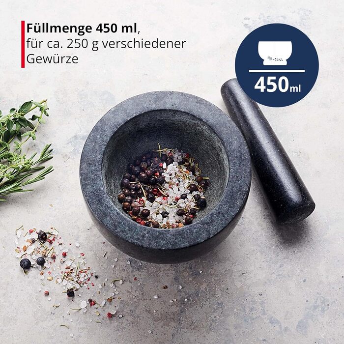 Гранітний ступка з толуштою Meisterkoch XXL для спецій, 3,5 кг, 15 см Ø, 450 мл, чорний колір