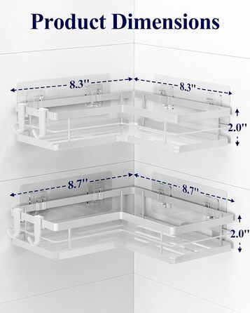Набір полиць для душу Kitsure без свердління – 2 шт. Стабільні полиці для душу без свердління з швидким зливом, з нержавіючої сталі та міцною клейкою основою для ванної кімнати (22,0 x 22,0 x 5,0 см, білий)