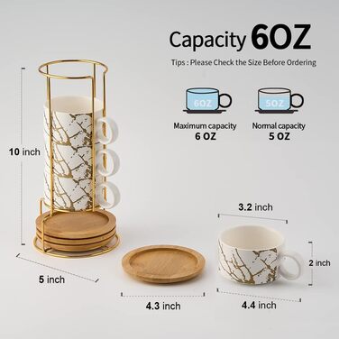 Набір келихів для еспресо LUKA з блюдцем та металевою підставкою (4 шт.), 118 мл, кераміка, мармуровий візерунок білий