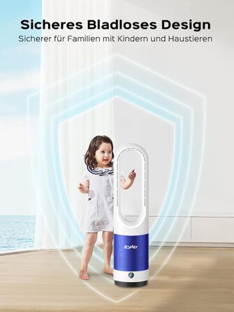 Турбовентилятор IcyAir без лопатей з пультом, 35 дБ, осциляція 90°, 8 швидкостей, таймер 9 годин, захист від дітей, LED-дисплей, тихий вентилятор для спальні, легко чистити, білий + сріблястий (білий + блакитний)