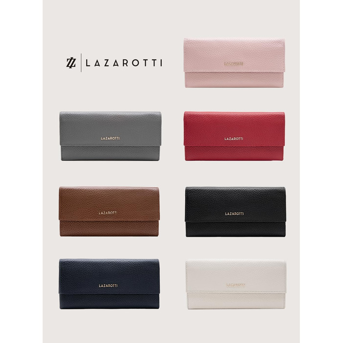 Lazarotti Bologna Large Leather Wallet for Women | with Snap Button, Large Zipper Compartment, 12 Card Slots, RFID Protection | 19 x 10 x 3 cm (2 Adjustable Widths)