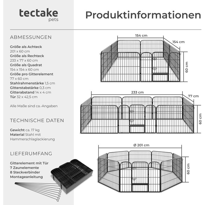 Турнік для цуценят Tectake 60 см, 8 гратуарів, переносний вольєр для тварин, вольєр для собак, котів, кроликів, морських свинок, для дрібних тварин - чорний 402502