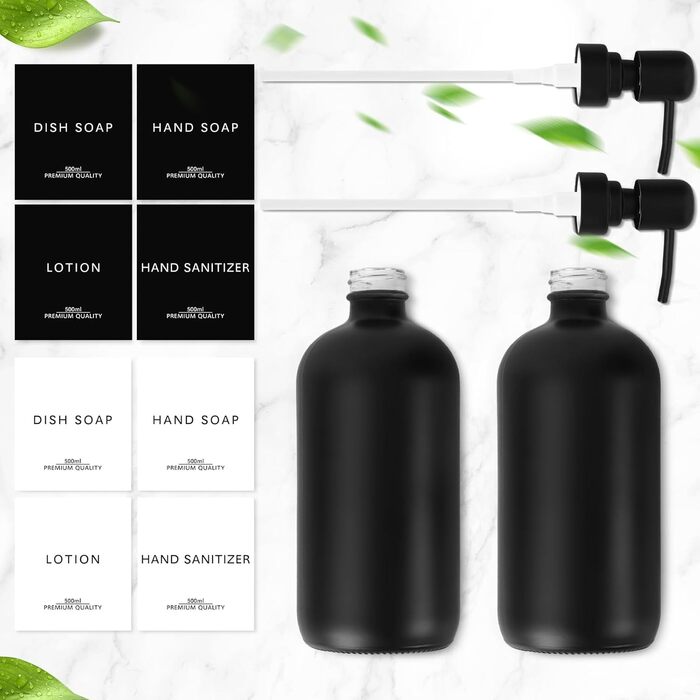 Набір дозаторів для мила Lannvan, скло, 500 мл, чорний матовий, для ванної кімнати та кухні, з підносом та етикетками