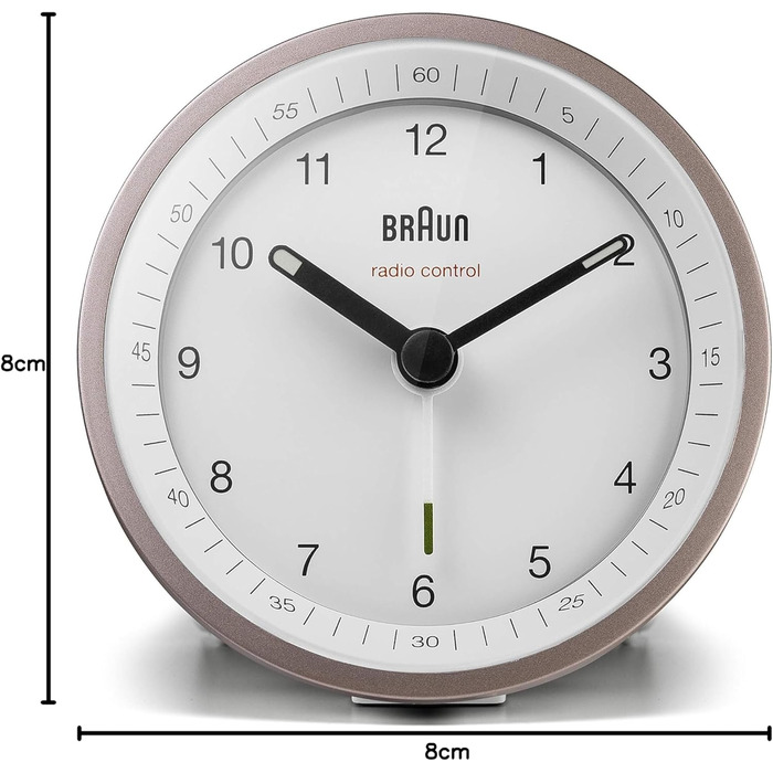 Classic analog radio alarm clock by Braun for the Central European Time zone (CET/GMT+1) with snooze function, lighting, quiet movement, crescendo alarm in white and rose, model BC07PW-DCF