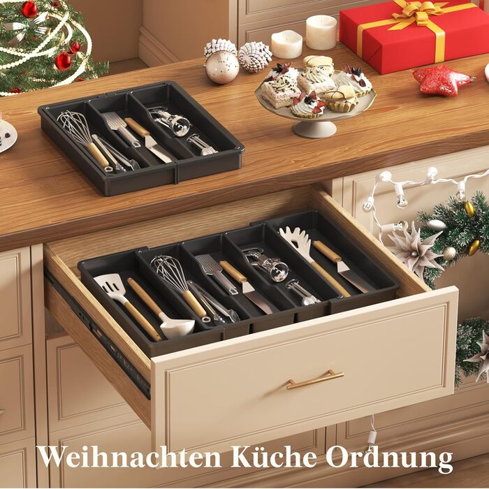 Органайзер для столових приборів Lifewit в шухляду, розширюваний 33-57 см, чорний, пластик, 38х5х38 см