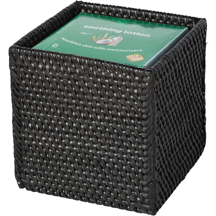 Loma Tissue Box Cover, Square, Rattan, Black