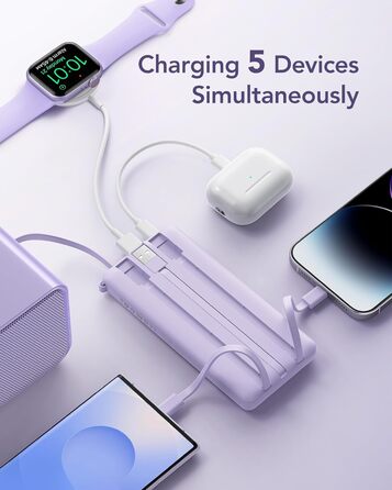 Powerbank VRURC 10000mAh з кабелем: портативний зарядний пристрій USB-C з LED дисплеєм та 5 виходами, 2 входами, сумісний з iPhone, Huawei, Samsung та іншими смартфонами (колір: туманний фіолетовий)