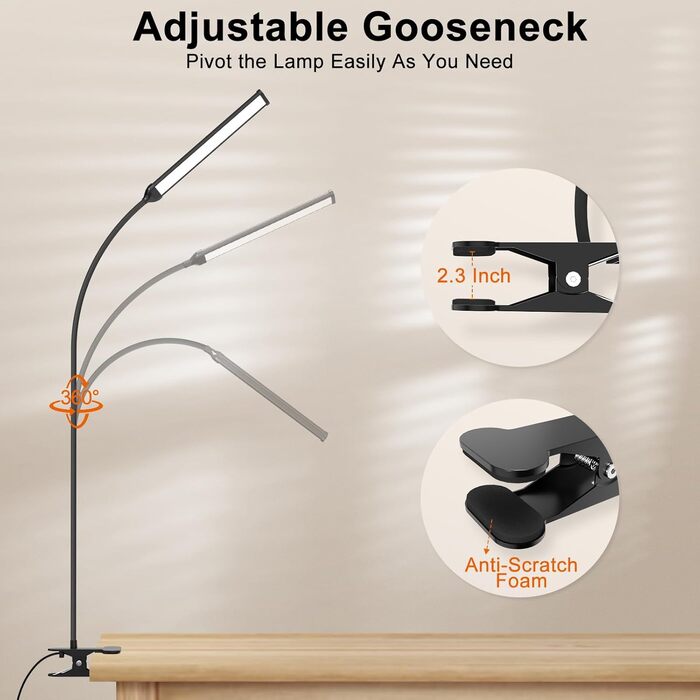 Лампа настільна LED Mojimdo 77 з пультом, 40 см, 3 кольори, 5 рівнів яскравості, гнучкий поворот 360°, USB-зарядка, чорна (70 см висота)