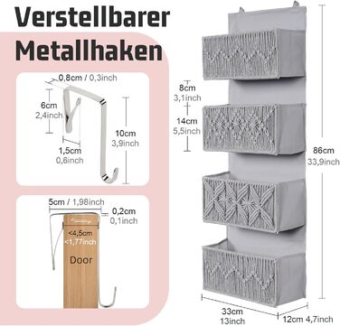 Органайзер для дверей з 4 кишенями, Бохо декор, настінна полиця-органайзер з 2 гачками, для спальні, дитячої кімнати, ванної (4 кишені-сірий)