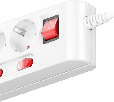 Многофункціональна мережева стрічка deleyCON з 6 розетками та індивідуальним вимикачем для кожної (біла)