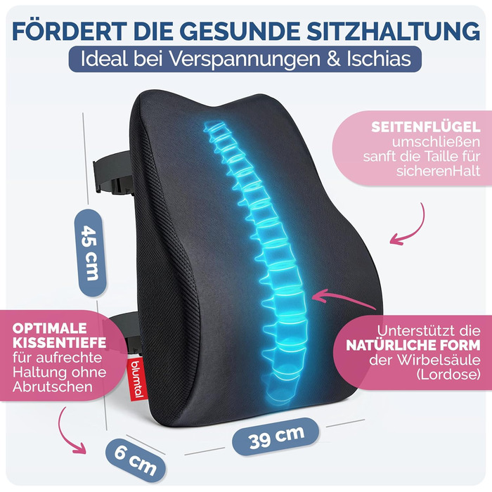 Ортопедична подушка для спини Blumtal з Memory Foam: підтримка попереку, сертифікат OEKO-TEX, знімний чохол