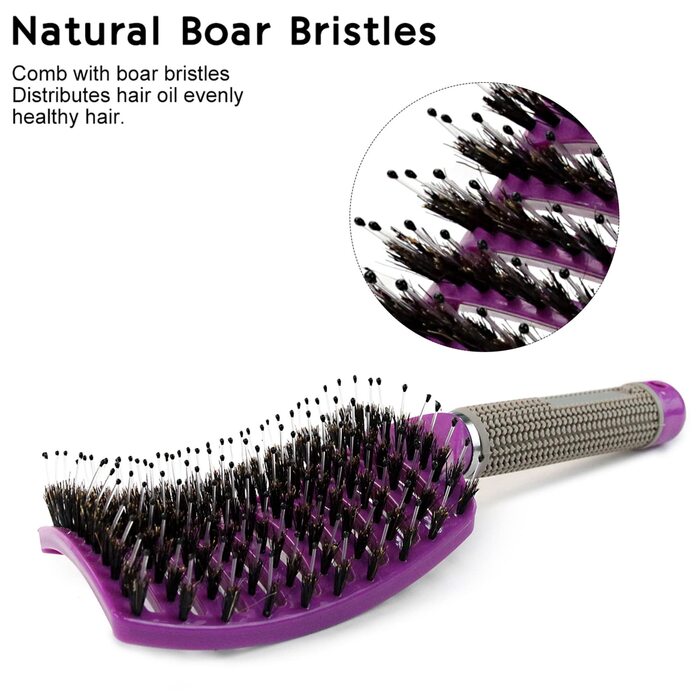 Двохсторонна щітка для волосся з щетиною дикого кабана (чорний та фіолетовий) - безшумна, розподіляє олію, випрямляє волосся, дихаюча, прискорює сушіння
