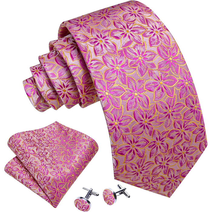 Набір краваток Barry.Wang: краватка, кишеньковий хустинка та запонки. Офісний стиль, рожевий колір з квітковим візерунком для весілля
