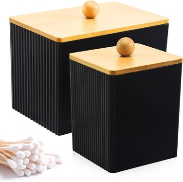 Диспенсер для ватних дисків та паличок з бамбуковим кришкою, органайзер для ватних виробів, чорний, для ванної кімнати