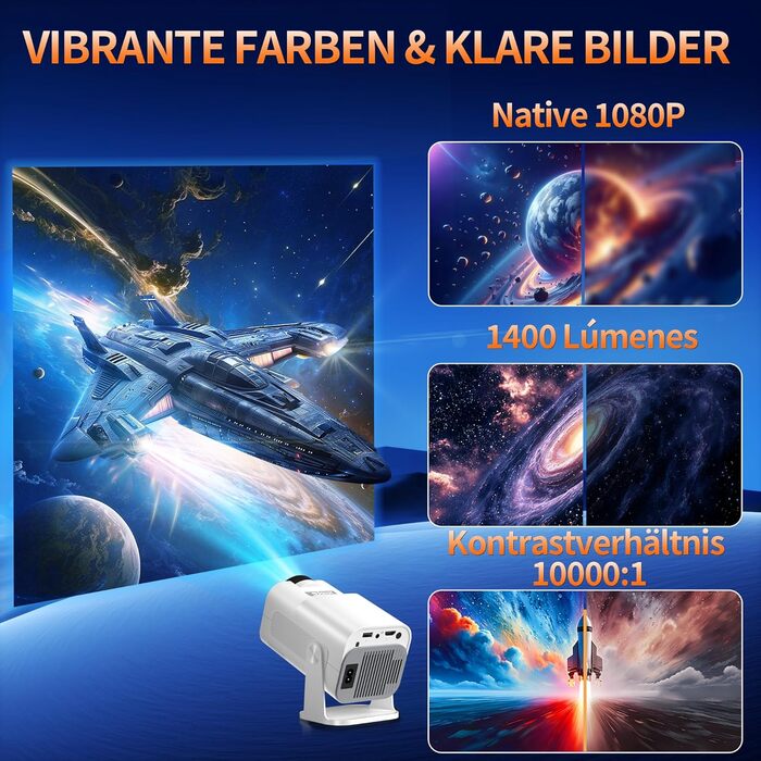 4K проєктор Beamer Full HD 1080P Android: портативний міні-проєктор з WiFi 6, Bluetooth 5.2, 270° обертанням, підтримкою PC/HDMI/USB, з пультом та мишкою, білий