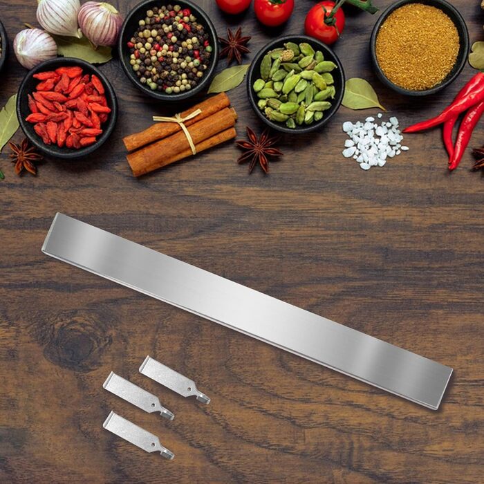 Improved 50cm Trhillsbrad Magnetic Knife Strip, 50cm Magnetic Knife Holder with 3 Hooks Stainless Steel Knife Rail Self-Adhesive, Silver Wall Mount Magnetic Strip No Drilling Knife Holder