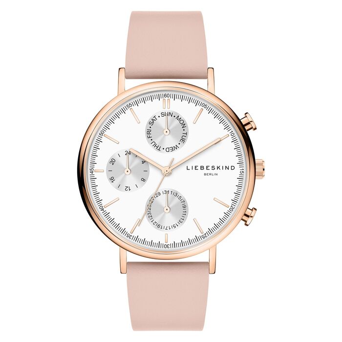 Годинник Liebeskind Berlin для жінок – круглий багатофункціональний годинник 38 мм – браслет з нержавіючої сталі або шкіри – водонепроникний 5ATM. Елегантний дизайн (рожевий)