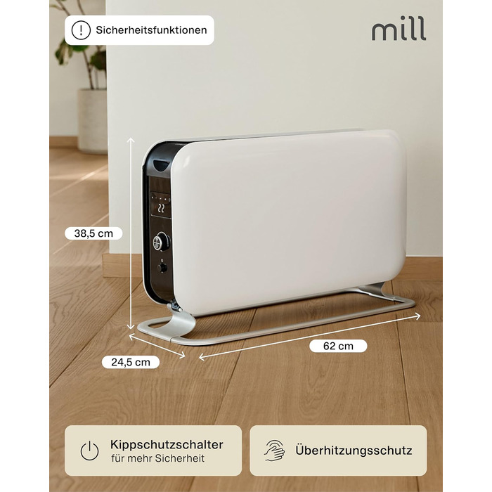Електричний конвекторний обігрівач Mill MEC 2000W – 24-28 м², з термостатом, тихий, для дому, білий