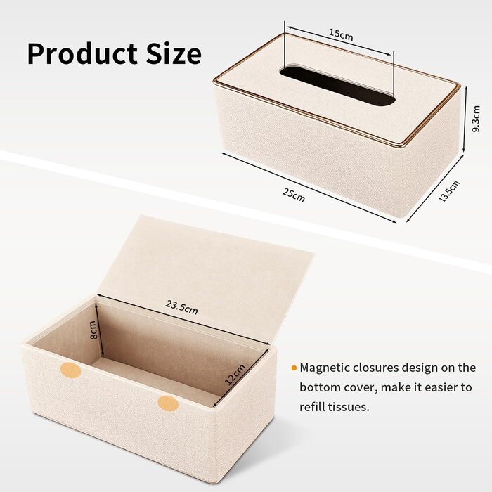 LADSTAG Tissue Box, PU Leather Tissue Box Cover with 4 Coasters, Tissue Box Cover for Rectangular Tissues, W x D x H: 25 x 13.5 x 9.5 cm (Beige)