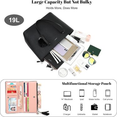 Сумка жіноча TANTOMI з гаманцем: для офісу, школи, покупок, велика, чорна, з пензликом та помпоном з штучного хутра