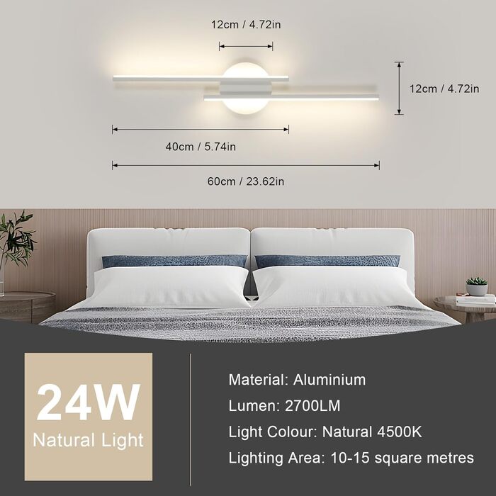 LED стінна лампа Mckalen 24W, 60см, тепле біле світло (2700K-4500K) для спальні, коридору, вітальні, сходи