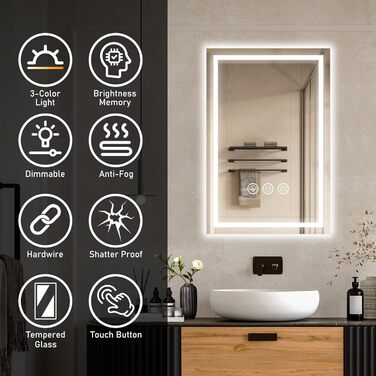 Дзеркало для ванної кімнати 40x60 см з LED-підсвічуванням, антизапар, регулювання яскравості, 3 кольори світла