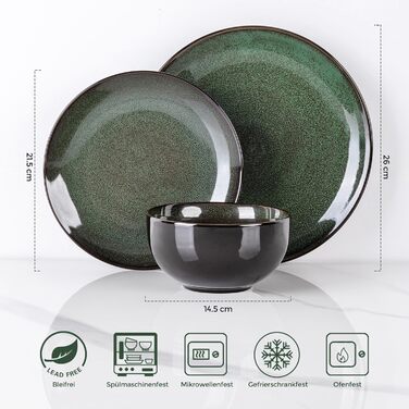 Набір посуду LeRatio для 8 осіб: 24-частинний комплект з кераміки з реактивною глазур'ю (смарагдовий, 24 частини)