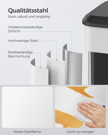 SONGMICS Відро для сміття кухонне, 40 літрів, з кришкою, з педаллю, Softclose, утримання кришки, біле LTB541E40