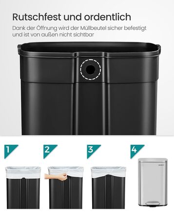 Відро для сміття SONGMICS 50 літрів з педаллю, нержавіюча сталь, з м'яким закриттям, з внутрішнім відром