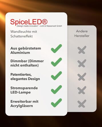 SpiceLED Wandleuchte: Світлодіодна настінна лампа SpiceLED, 14W, тепле біле світло, сріблясте, з ефектом тіні, диммер, 25x8x8 см